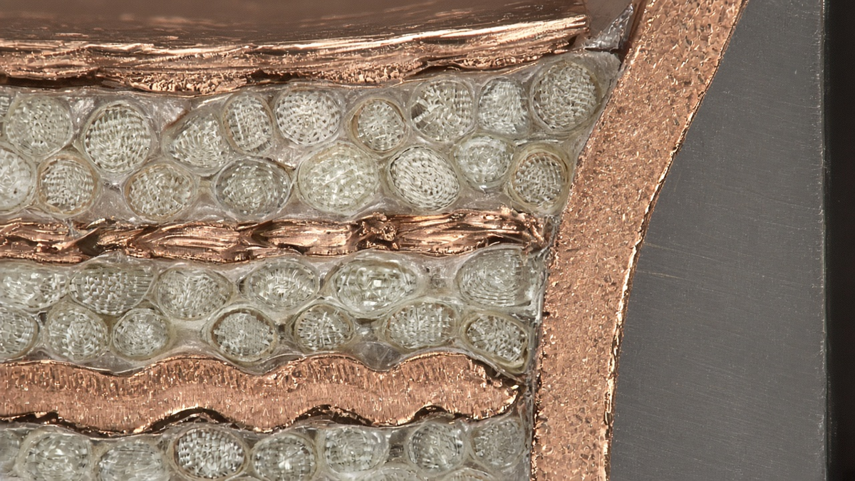 Polished cross-section of a multilayer PCB showing glass fiber bundles and resin around a plated hole