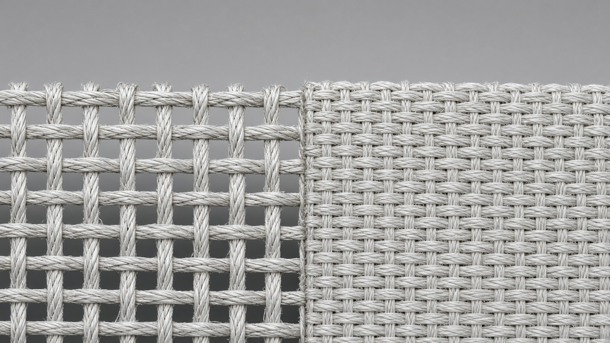 Macro photograph of woven glass fabric comparing open weave bundles and resin windows