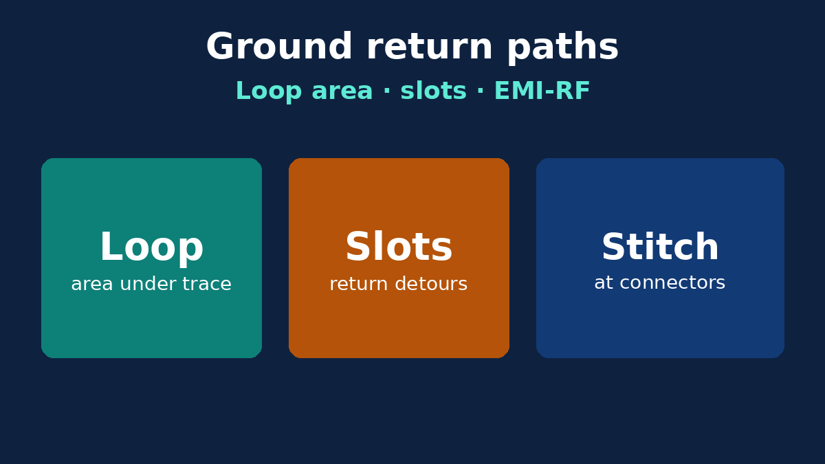 PCB ground return path: loop area, slots, connector stitching for EMI-RF