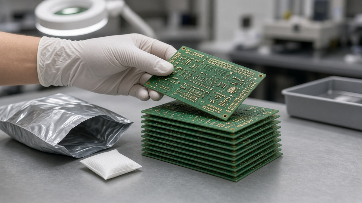 Incoming quality inspector checking received bare PCBs with calipers and a vacuum-sealed shipment bag