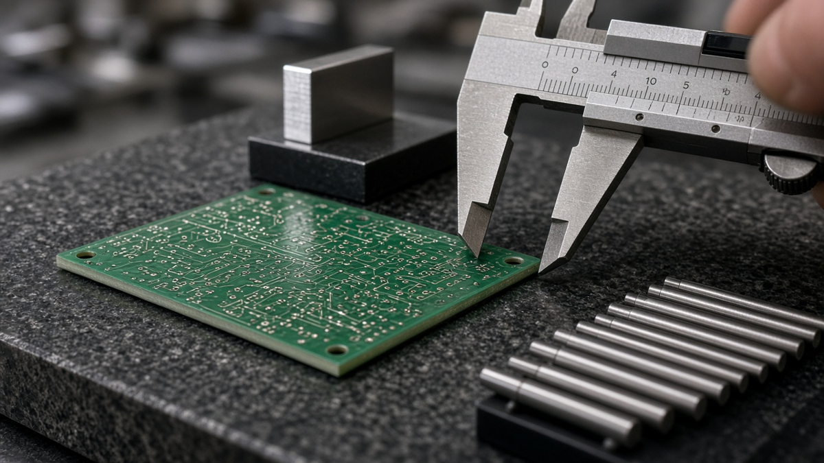 Receiving inspector measuring bare PCB bow and hole size at an incoming inspection bench