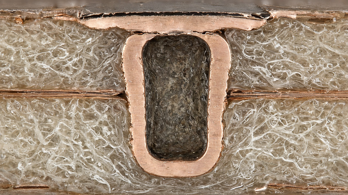 Metallurgical microscope view of a polished PCB coupon cross-section used to review plating in a supplier report