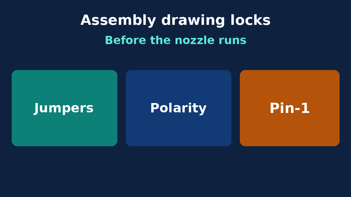 Assembly drawing locks for jumpers, polarity marks and IC pin-1 before SMT