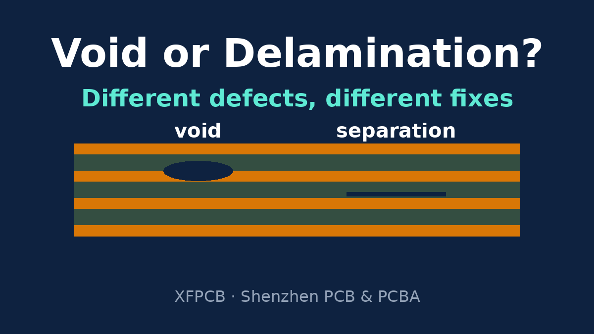 Lamination voids compared with delamination in a multilayer PCB cross-section
