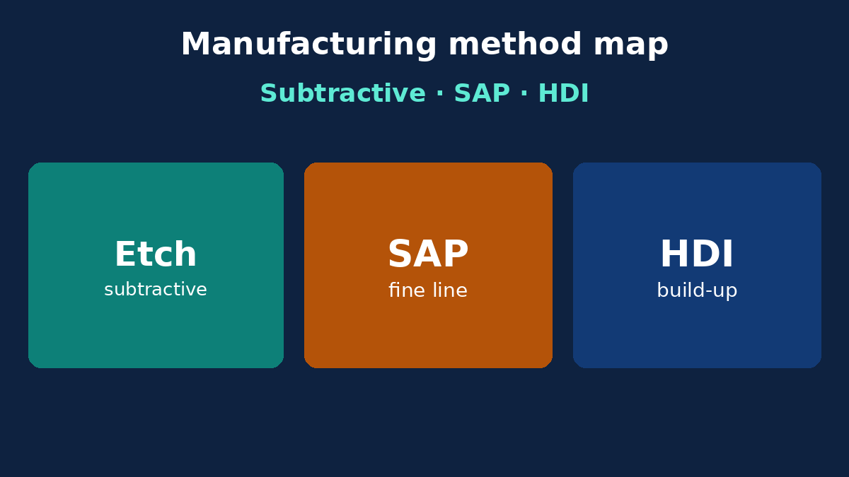 PCB manufacturing method map for RFQ: subtractive, additive, HDI