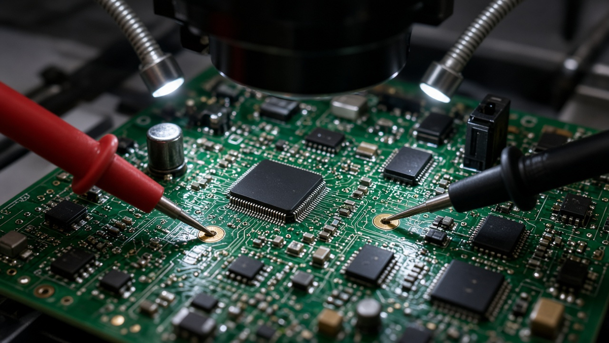 Microscope inspection of a PCB assembly with a suspected open circuit near a BGA and plated vias