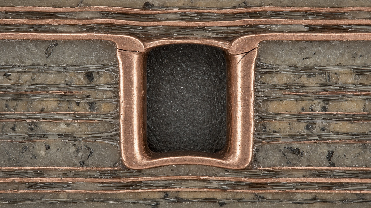 Polished cross-section of a plated through-hole showing barrel copper and inner-layer connections