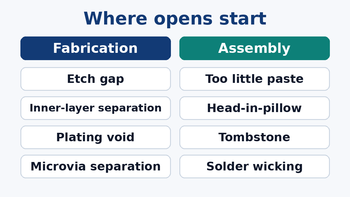 Where opens start: fabrication vs assembly