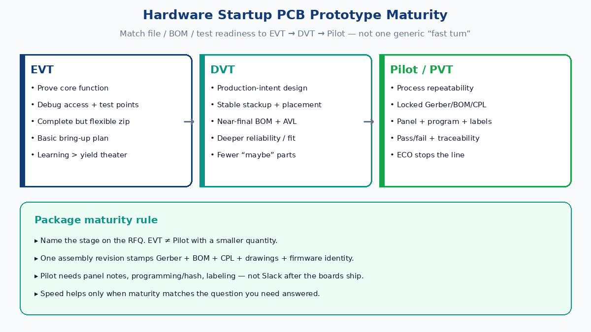 Hardware startup PCB prototype: EVT to DVT to pilot package maturity