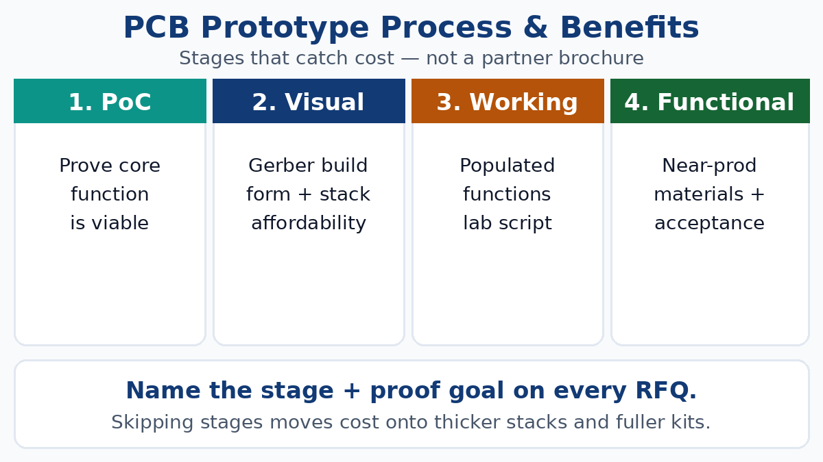 PCB prototype process stages — PoC, visual Gerber, working, near-production functional