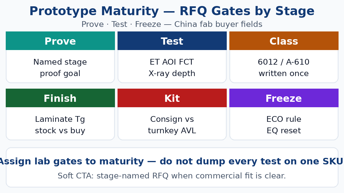 Prototype maturity RFQ gates — prove, test, freeze by stage