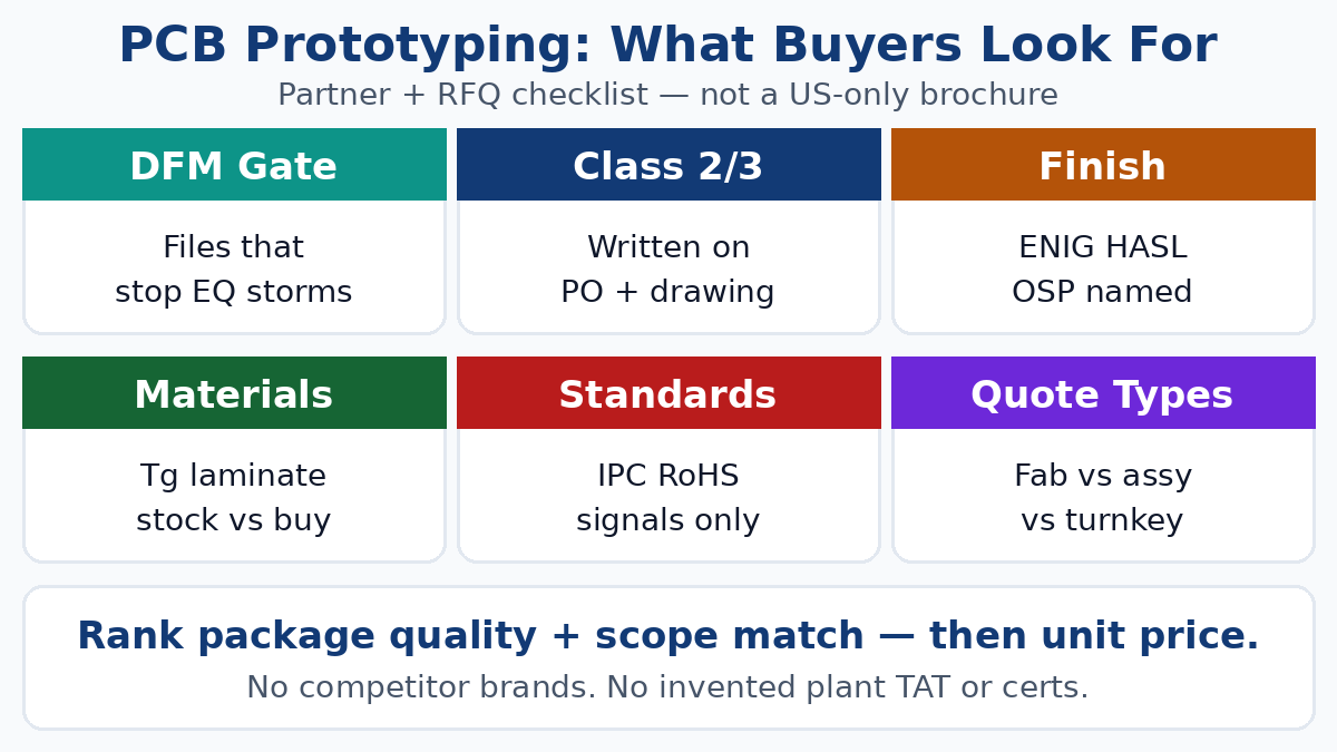 PCB prototyping buyer checklist — DFM, class, finish, materials, standards, quote types