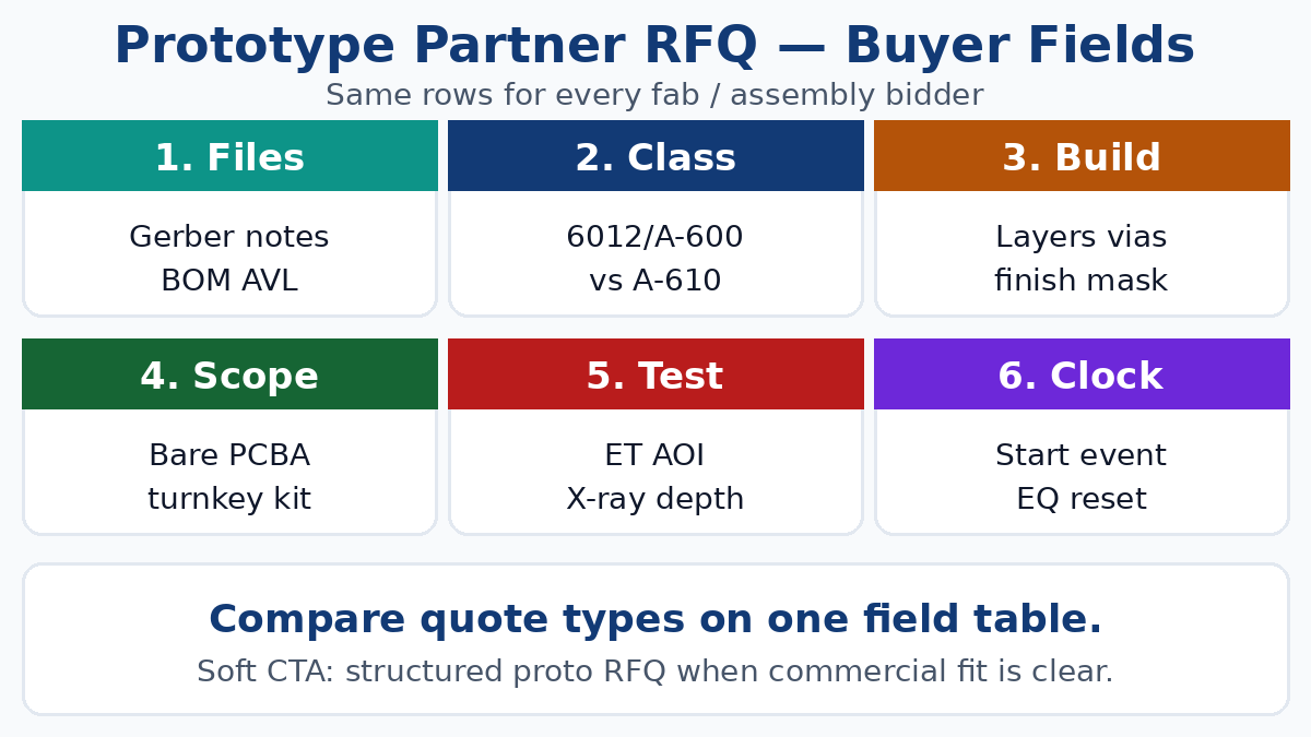 Prototype partner RFQ — files, class, build, scope, test, clock fields