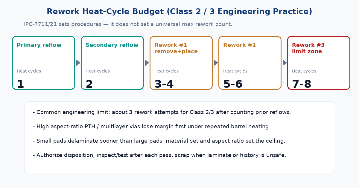 Rework heat-cycle budget timeline from production reflow through third rework limit