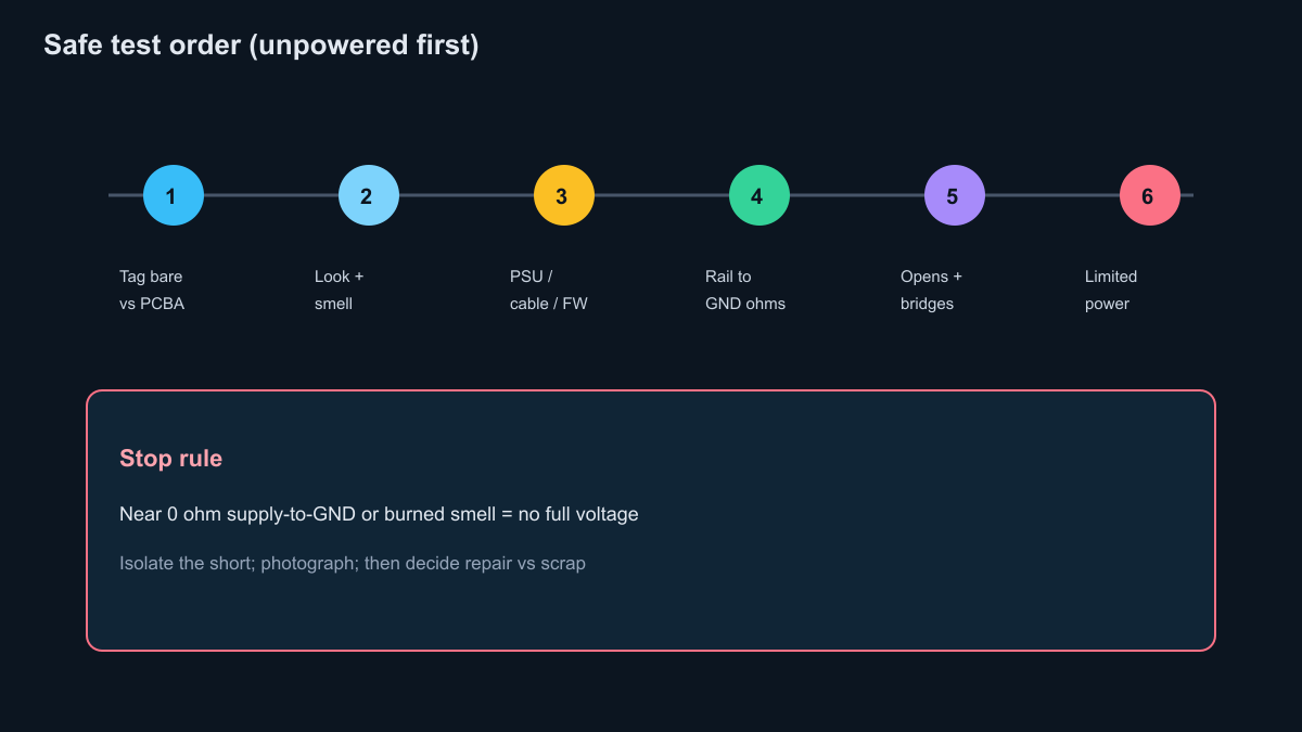 Numbered unpowered-first PCB diagnostic sequence from visual to limited power
