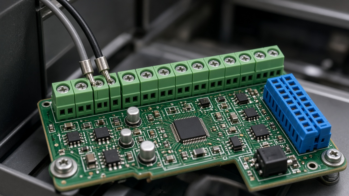 Green pluggable and fixed screw terminal blocks soldered on an industrial control PCB with heavy copper traces