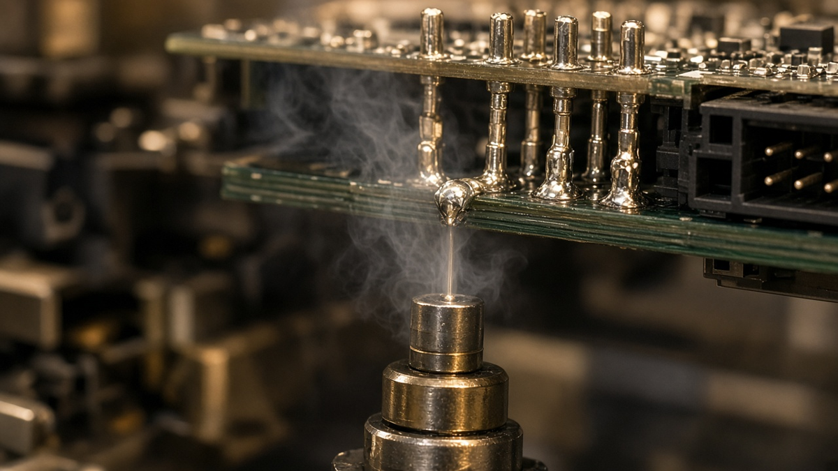 Selective soldering nozzle forming joints on screw terminal pins on the underside of a PCB