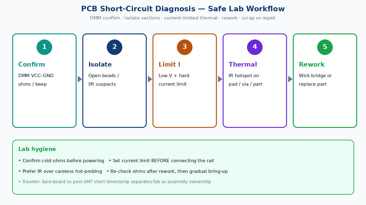 PCB short-circuit diagnosis workflow: DMM confirm, isolate sections, current-limited thermal locate, rework