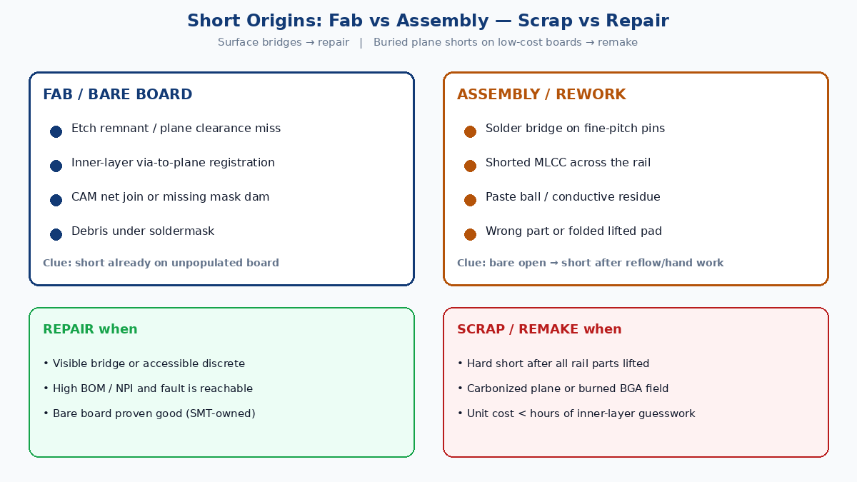 PCB short origins: fab etch/plane vs assembly solder bridge, with scrap-vs-repair decision cues