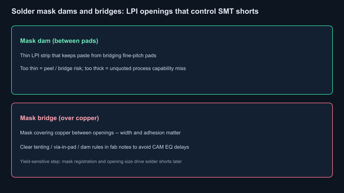 Solder mask dams between pads and mask bridges over copper
