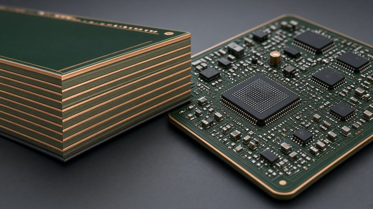 Cutaway of a multilayer PCB showing alternating signal and plane layers beside an assembled server board