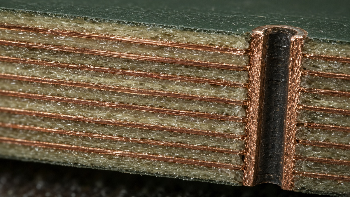 Cutaway of a multilayer PCB showing signal layers between ground and power planes