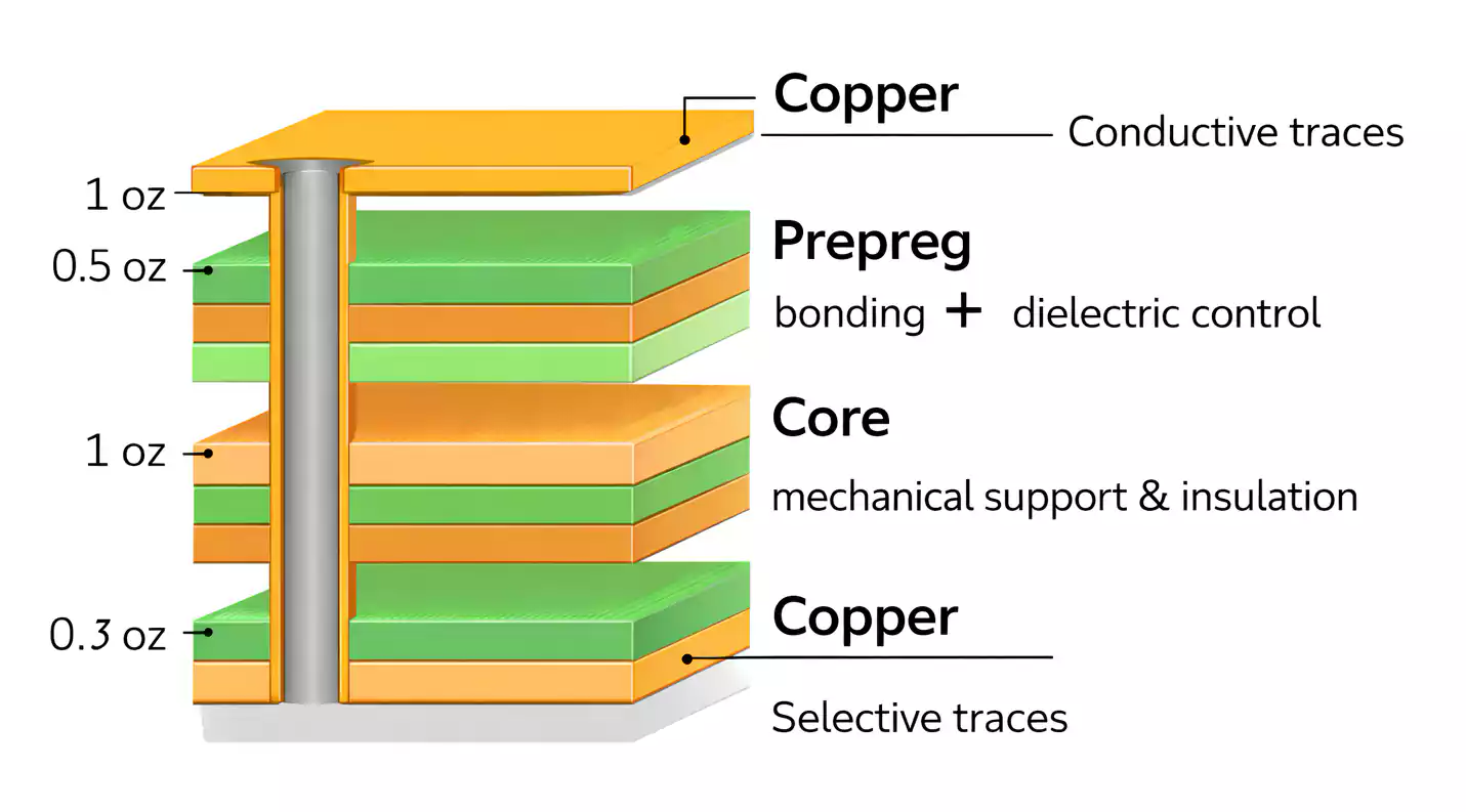 PCB stackup showing core, prepreg, and copper foil layers