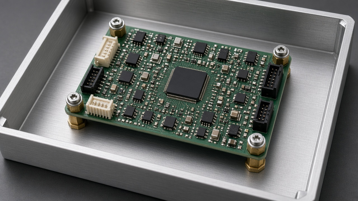 Brass, stainless and nylon PCB standoffs beside an assembled board mounted in a metal enclosure