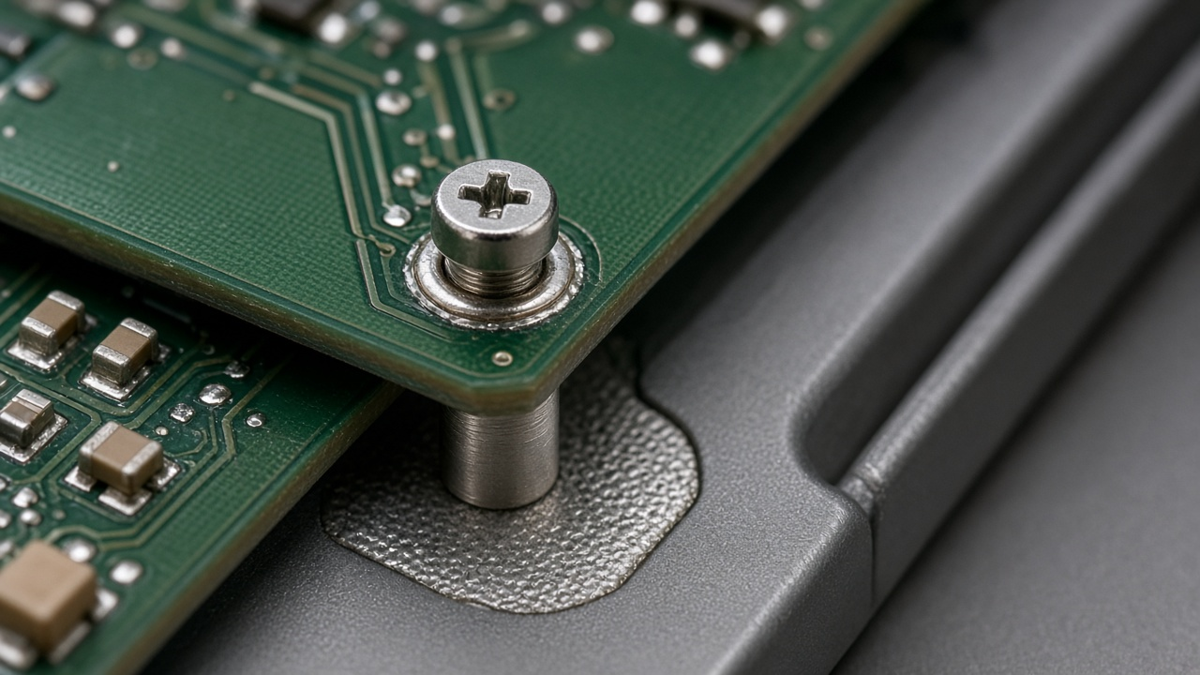 PCB assembly mounted on metal standoffs inside an enclosure with grounding contact pads