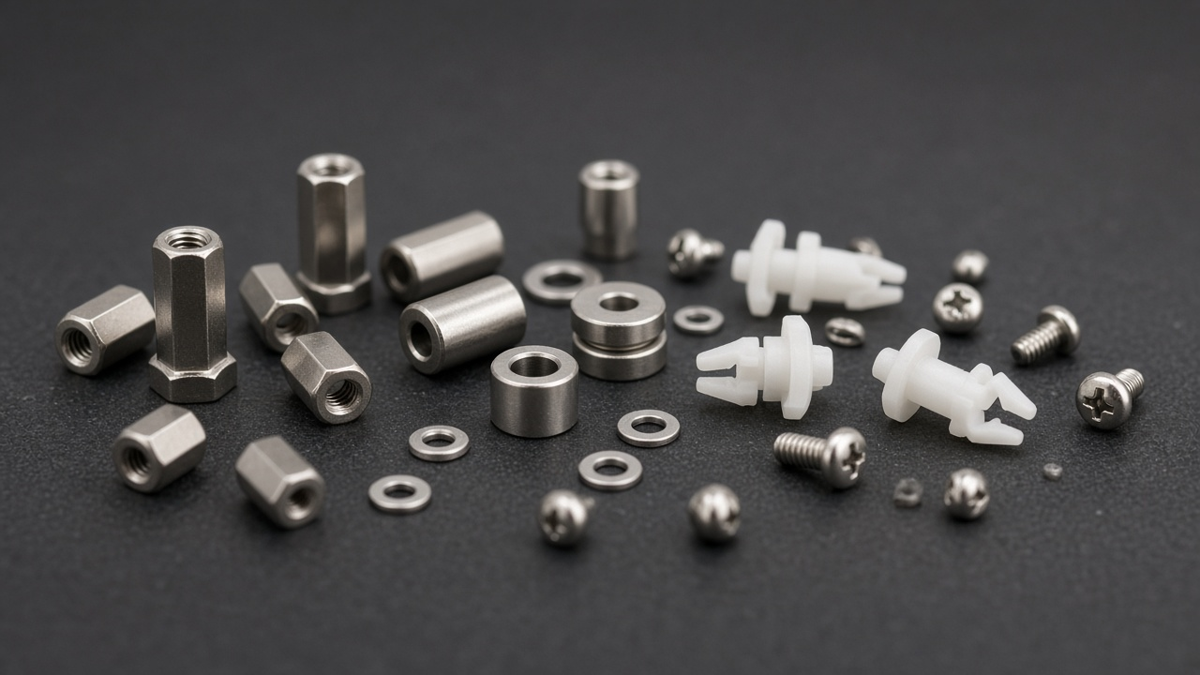 Assortment of brass, stainless steel and nylon PCB standoffs and spacers on a workbench