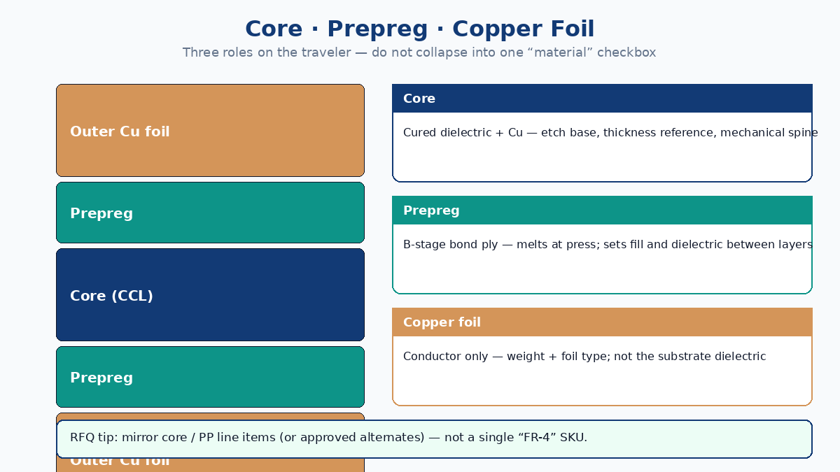 Core, prepreg, and copper foil roles in a multilayer PCB stack