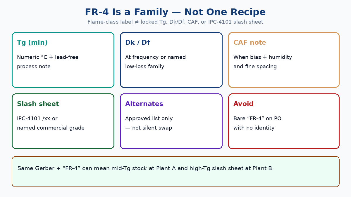 FR-4 is a flame-class family — buyers lock Tg, Dk/Df, CAF, and IPC-4101 slash sheet