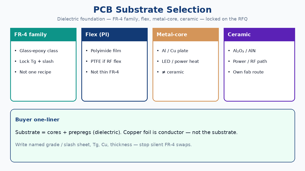 PCB substrate selection guide: FR-4 family, flex polyimide, metal-core, ceramic — RFQ locks for China fabs