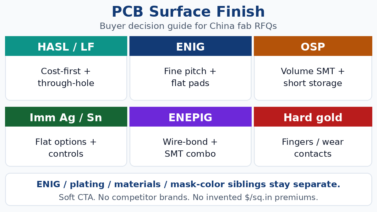 PCB surface finish buyer decision guide — HASL ENIG OSP Imm Ag Imm Sn ENEPIG hard gold