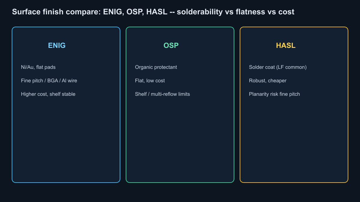 Surface finish comparison of ENIG OSP and HASL for PCB fab