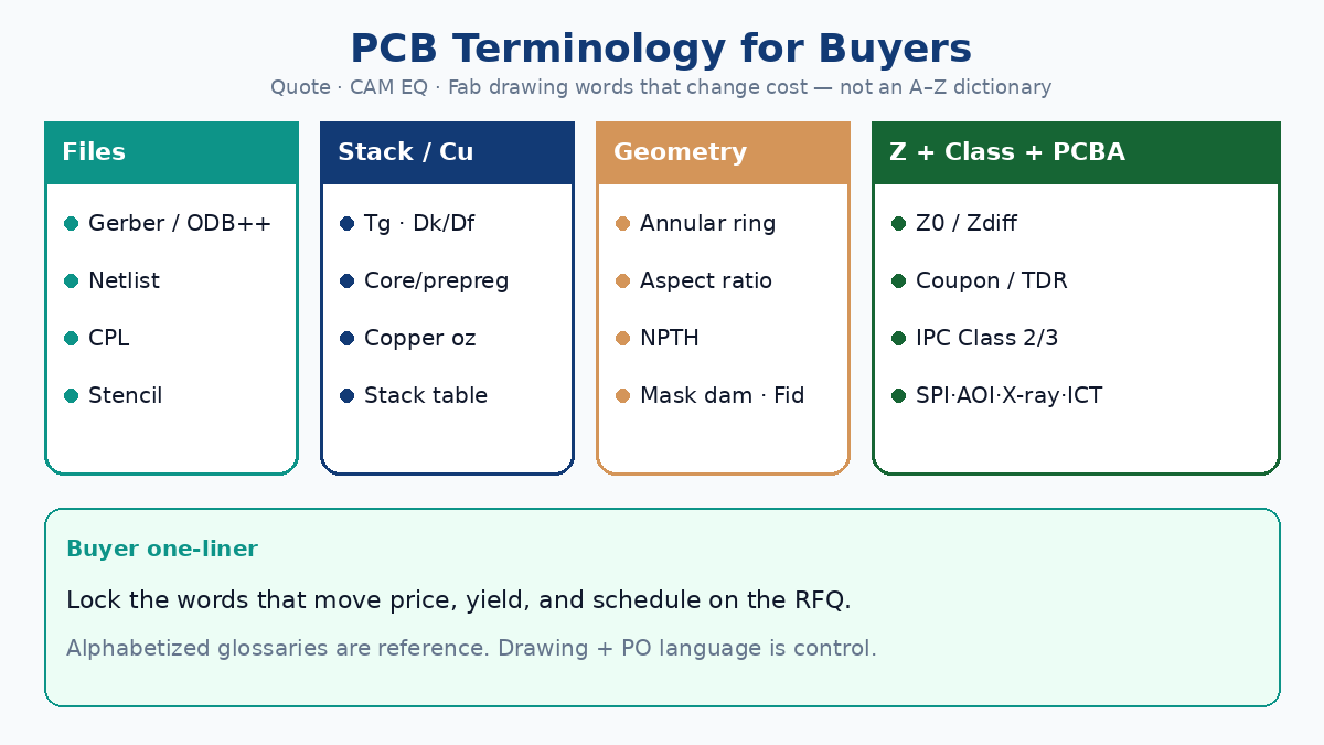 PCB terminology for buyers: quote, CAM EQ, and fab drawing words that change cost