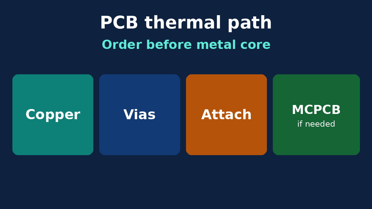 Heat path order on a PCB: copper spreading, thermal vias, attach face, then metal core if needed