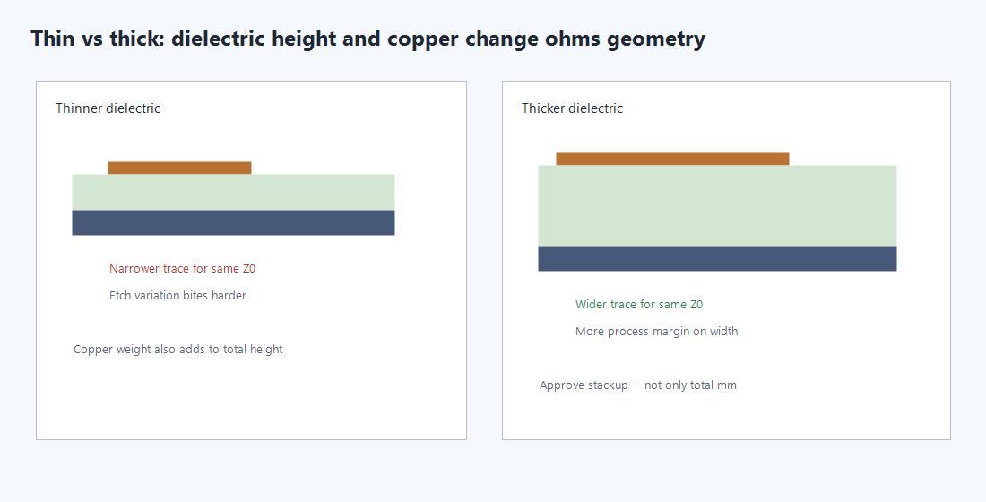 Thin versus thick dielectric height for the same impedance target