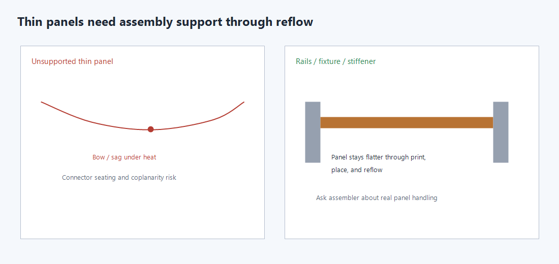 Thin PCB panel sag in reflow versus rail-supported flat panel