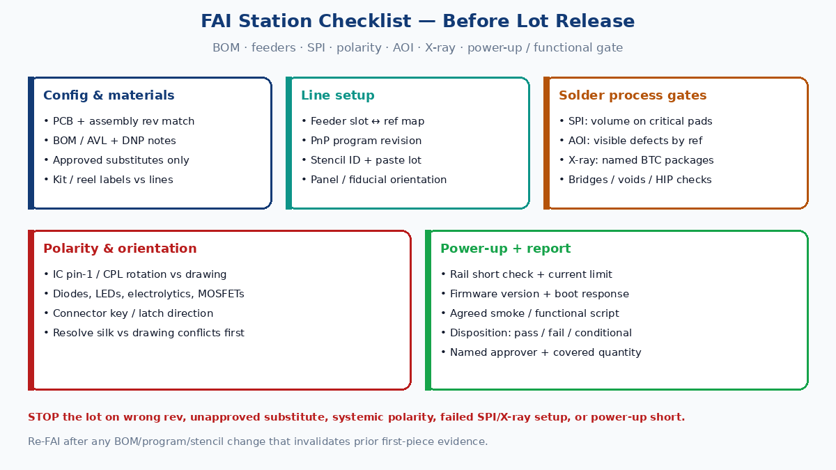 PCBA FAI station checklist: BOM, feeders, SPI, polarity, AOI, X-ray, power-up