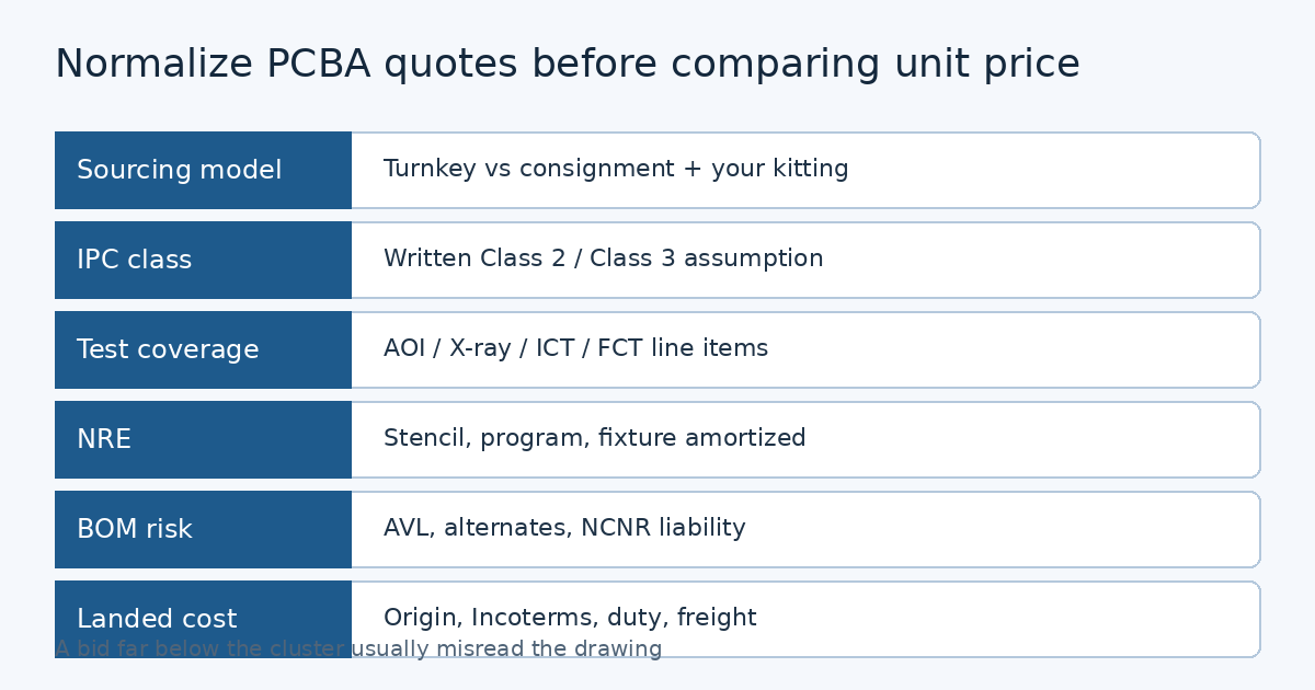 Line-item PCBA quote comparison by class, test coverage, and sourcing model