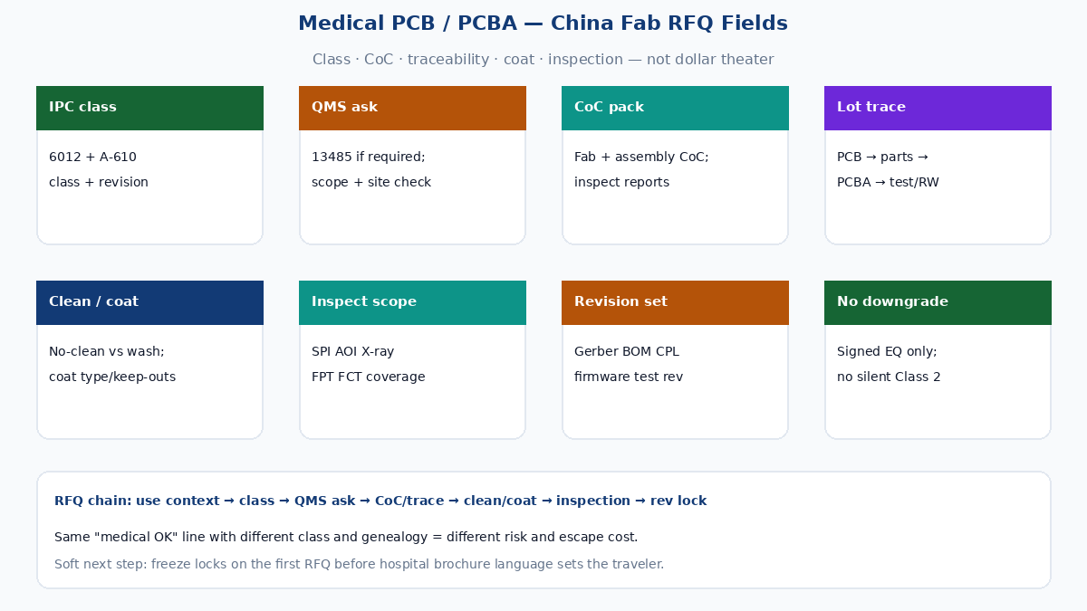 Medical PCB China fab RFQ — class, CoC, traceability, coat, inspection scope