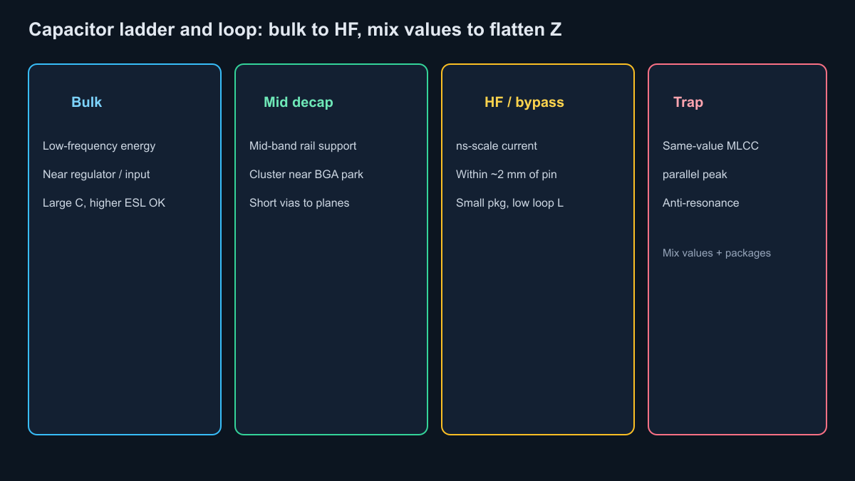 Capacitor ladder bulk mid HF and anti-resonance trap