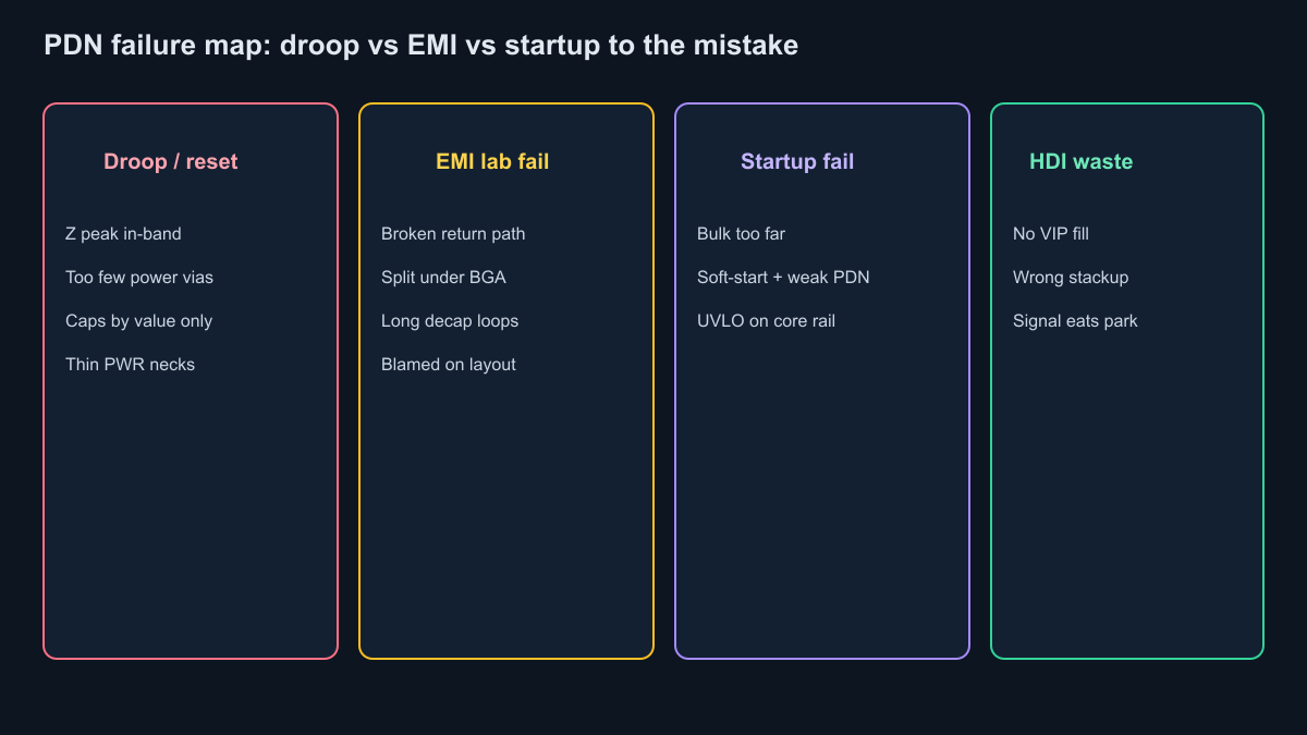 PDN failure map droop EMI startup HDI waste