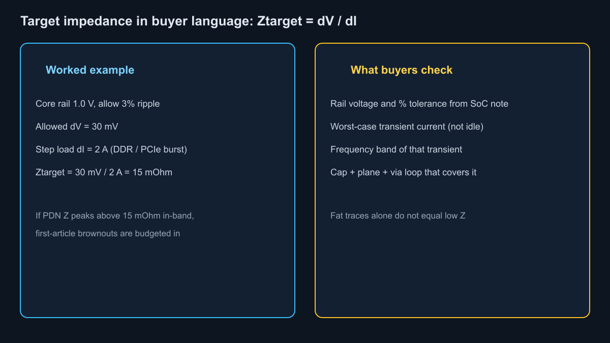 Target impedance Ztarget equals dV over dI