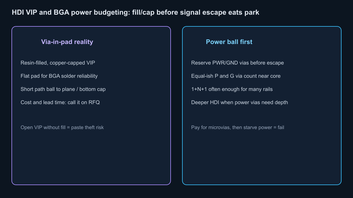 Via-in-pad fill and BGA power via budget