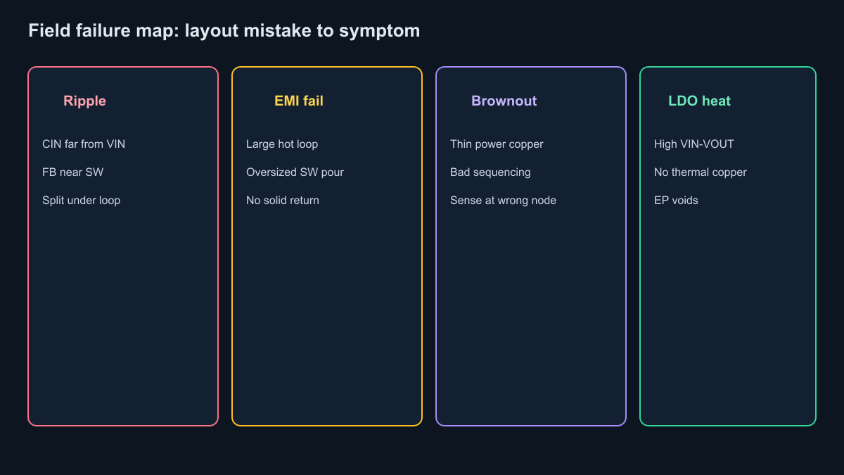 Field failure map from layout mistake to symptom