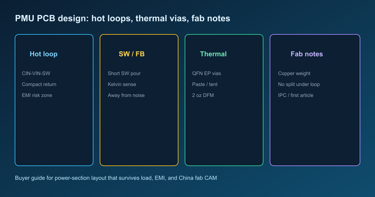 PMU PCB design hot loops thermal vias and fab notes