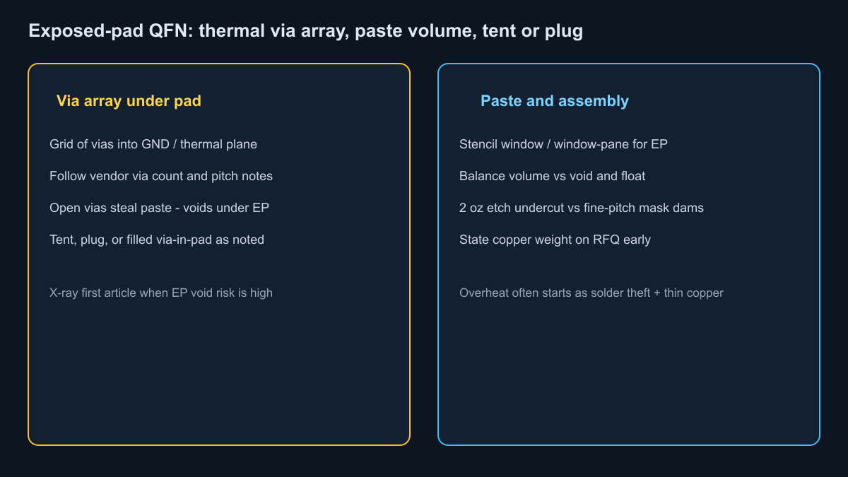 Exposed-pad QFN thermal via array paste and tent