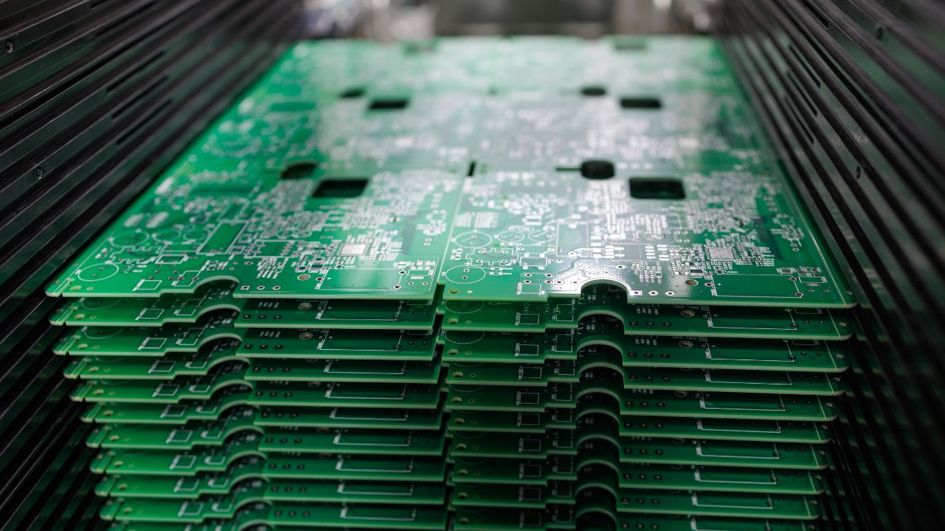 Stack of green printed circuit boards showing PCB construction used across electronics products